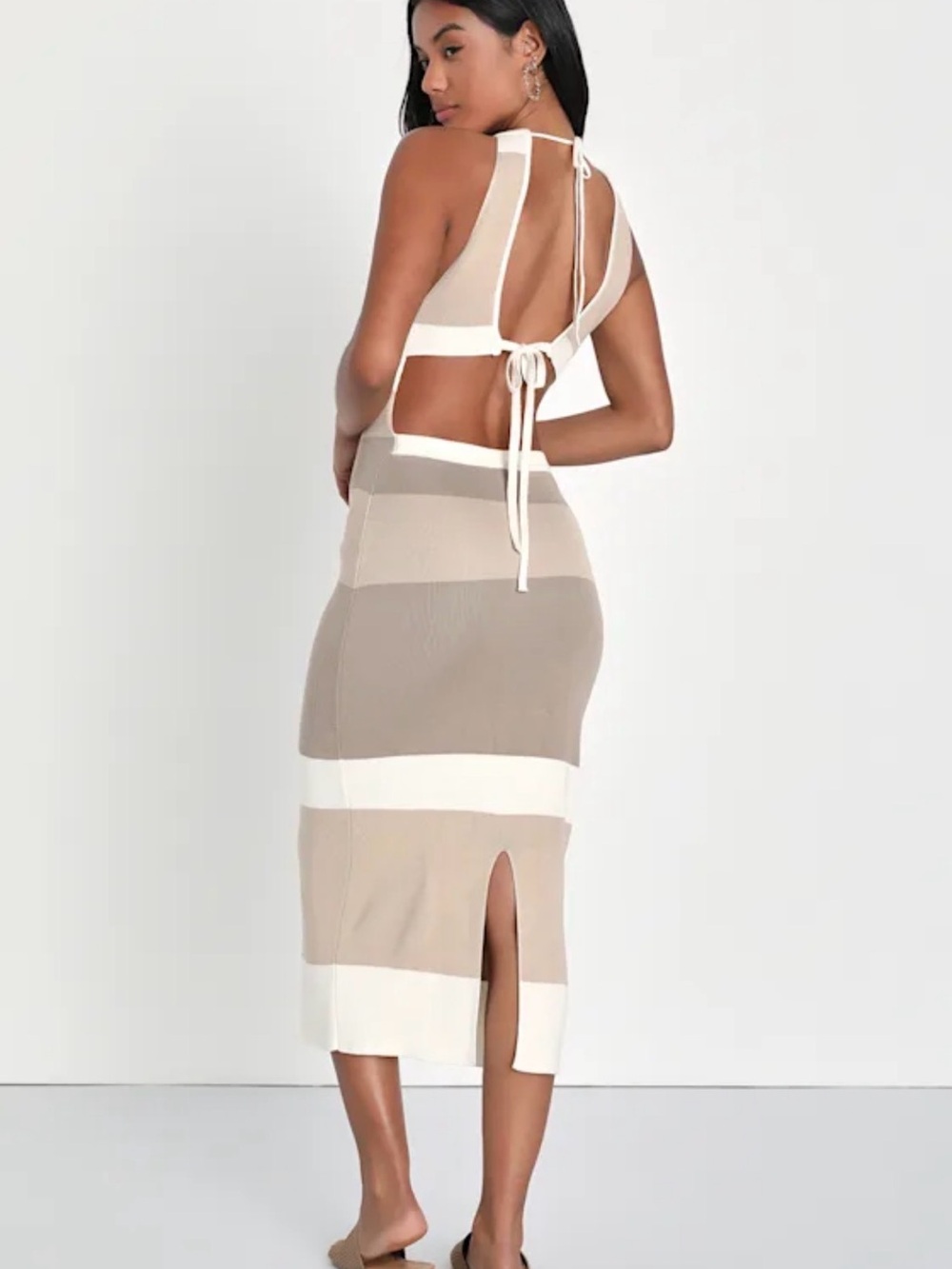 Lulu’s Chic Obsession Beige Striped Tie-Back Sleeveless Sweater Dress - Picture 2 of 4